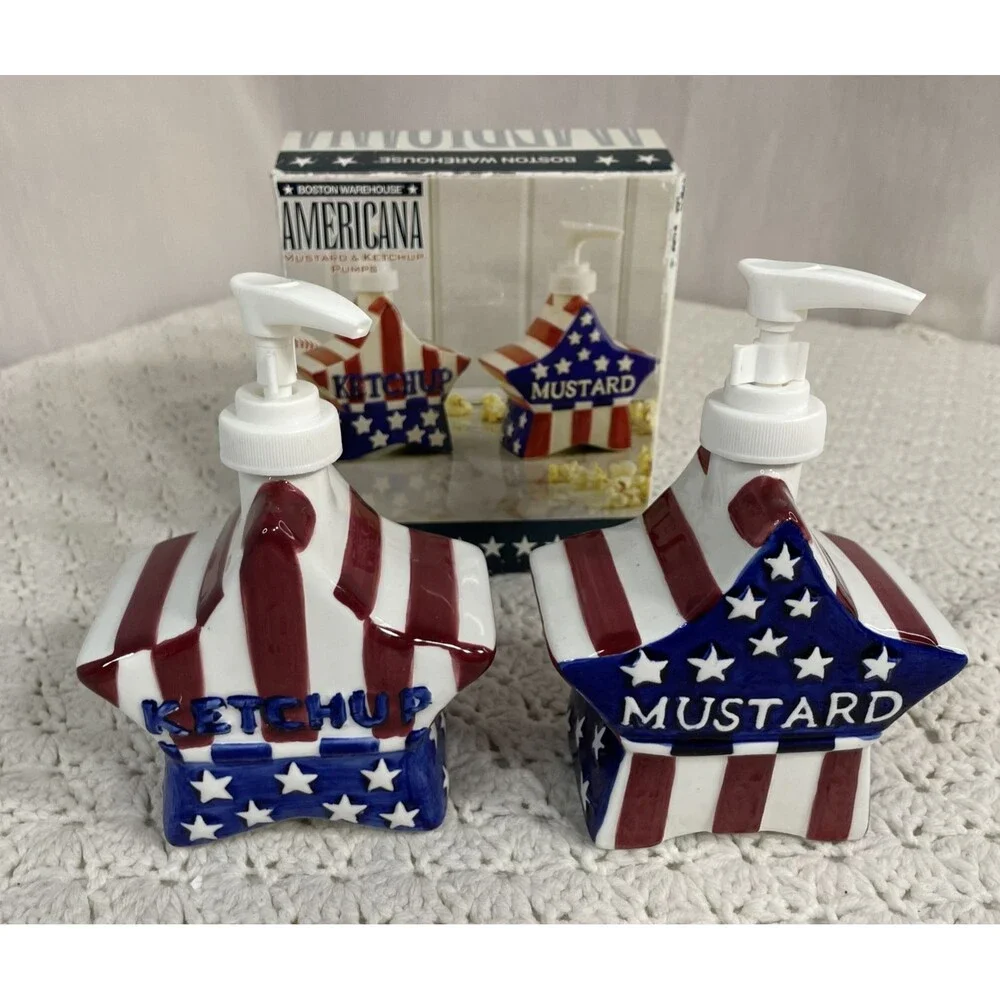 American Flag Mustard & Ketchup Catsup Pump Dispenser Set New Open Box